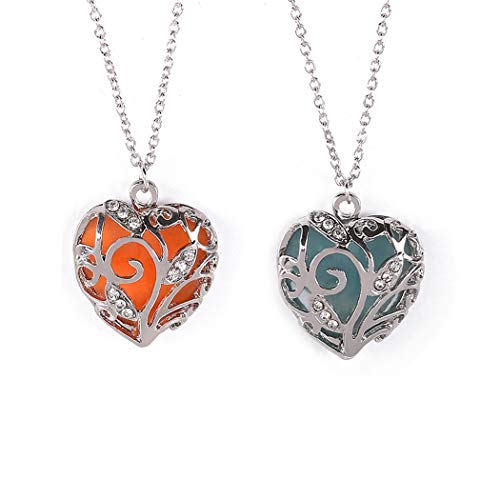 Book Cover 2pcs Glow in Dark Women Necklace Hollow Out Heart Crystal Pendant Luminous Necklaces (Blue+Orange)-YDAN19-8