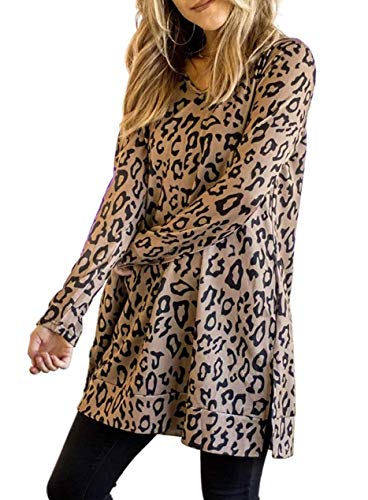 Book Cover Zattcas Womens Long Sleeve Tunic Tops Leopard Print V Neck Side Split Tunic