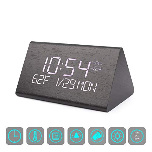 2020 Upgrade Wooden Alarm Clock, Adjustable Brightness Voice Control Desk Wooden Alarm Clock, Large Display Time Temperature USB/Battery Powered for Home, Office, Kids