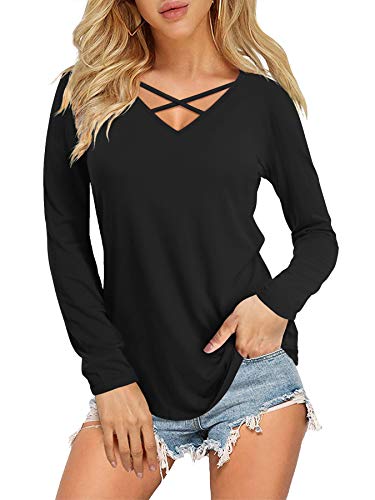 Book Cover DittyandVibe Womens Long Sleeve Tops V Neck Criss Cross T Shirt - Black - Large
