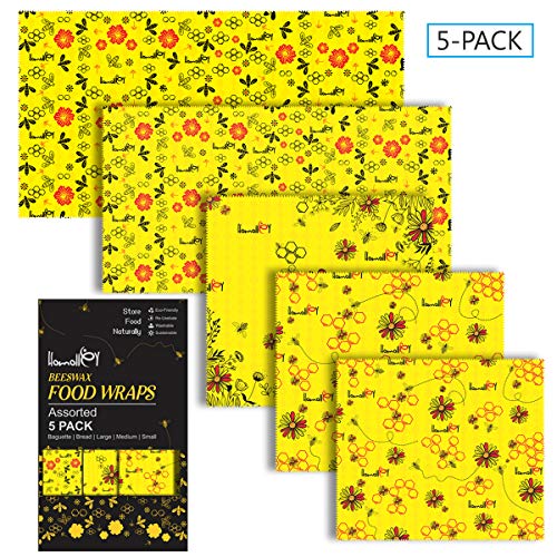 Book Cover 5 Pack Reusable Beeswax Food Wrap - Reusable Beeswax Wrap With 5 Unique Sizes - Organic Reusable Plastic Wrap - Bees Wax Paper Wrap Made From Jojoba Oil & Tree Resin - Wax Wraps for Food Reusable