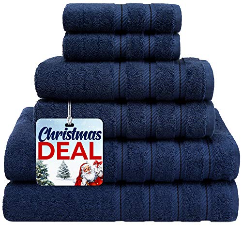 Book Cover American Soft Linen 6-Piece 100% Turkish Genuine Cotton Premium & Luxury Towel Set for Bathroom & Kitchen, 2 Bath Towels, 2 Hand Towels & 2 Washcloths [Worth $72.95] - Navy Blue