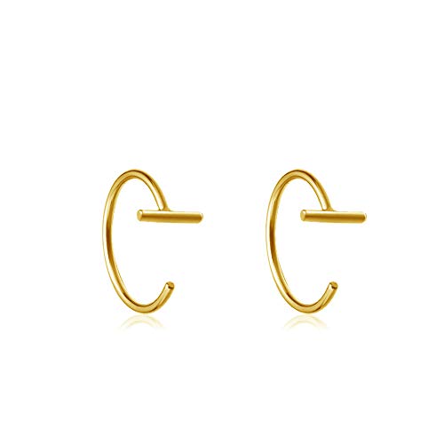 Minimalist Gold Plated Mini Stick T Bar Half Huggie Hoop Cuff Stud Earrings 925 Sterling Silver Simple Small Hoops Cartilage Geometric Piercing Studs for Women Girls Christmas Gifts