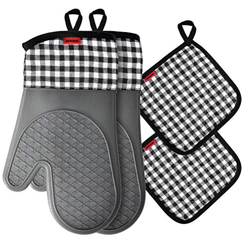 Ankway Oven Mitts and Pot Holders Sets, Kitchen Counter Safe Trivet Mats Advanced Heat Resistant Oven Mittens, Non-Slip Textured Grip Potholders for Thanksgiving Pack