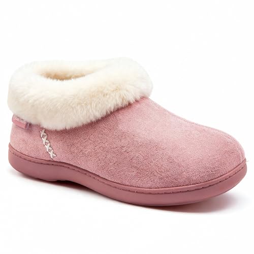 EverFoams Women's Microsuede Cozy Memory Foam Winter Slippers with Fuzzy Faux Fur Collar and Indoor Outdoor Rubber Sole