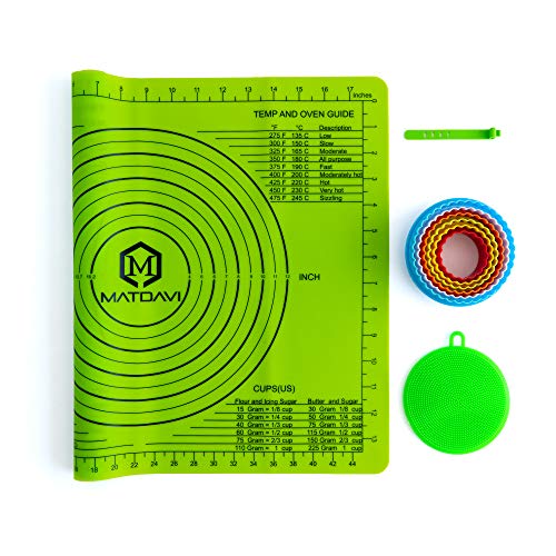 Silicone Baking Mat with Measurements Set â€“ Non-Stick Silicone Dough Liner Pad Kneading for Rolling Pastry - Heat Resistant Reusable Silicone Board Kitchen Scrubber Cookie Cutters Silicone Lock Strap