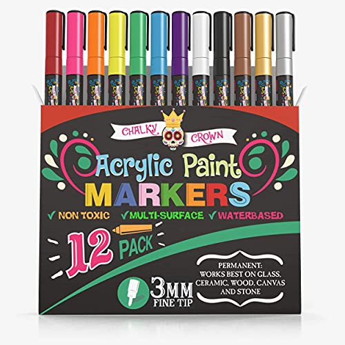CHALKY CROWN Acrylic Paint Markers 3mm Fine Tip Paint Pens (12 Pack)