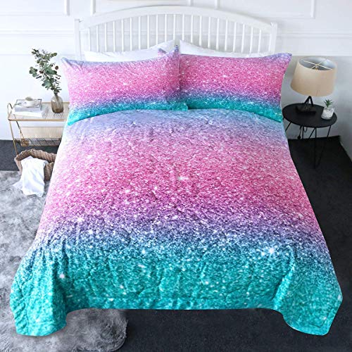 BlessLiving 3 Piece Comforter Set with Pillow Shams – 3D Printed Pink Glitter Bedding Set Girls Women Reversible Comforter Twin Size Bedding Sets – Soft Comfortable Machine Washable, Blue Turquoise