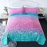 BlessLiving 3 Piece Comforter Set with Pillow Shams – 3D Printed Pink Glitter Bedding Set Girls Women Reversible Comforter Twin Size Bedding Sets – Soft Comfortable Machine Washable, Blue Turquoise