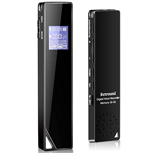 Digital Voice Recorder, Retround Audio Recorder 16GB Mini Activated Recorder with Playback for Lectures Meetings, Class, Interviews, Dual Microphone One Step Recording Rechargeable Lossless Stereo HD