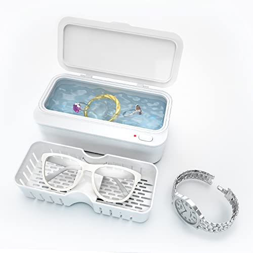Ultrasonic Jewelry Cleaner Portable Professional Ultrasonic Machine with Basket for Cleaning Rings,Necklaces,Watches, Denture,Eyeglasses,Coins,Razors,Parts, Instruments with 16 Ounces Tank, White.