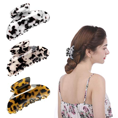 Book Cover Hair Claw Clips for Women Girls, Funtopia 3 Pcs 3.3 Inch Tortoise Barrettes Jaw Hair Clips Clamps Celluloid French Design Barrettes, Leopard Print Hair Clips for Medium Thick Hair