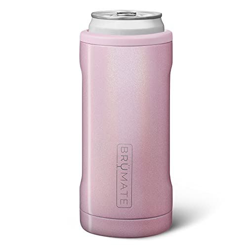 Book Cover BrüMate Hopsulator Slim Can Cooler Insulated for 12oz Slim Cans | Skinny Can Coozie Stainless Steel Drink Holder for Hard Seltzer, Beer, Soda, and Energy Drinks (Glitter Blush)