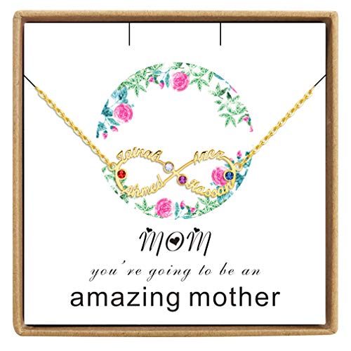 Best Mom Gifts, Personalized Infinity Name Necklace, Custom 4 Birthstones Nameplate Pendant with Gift Card Sterling Silver Jewelry Gift for Women