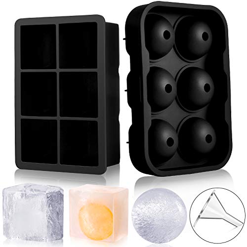 Trenect Ice Cube Trays Silicone (Set of 2), Large Size Sphere Ice Ball Maker with Lids & Square Ice Cube Molds for Whiskey and Cocktails, BPA Free (Black)
