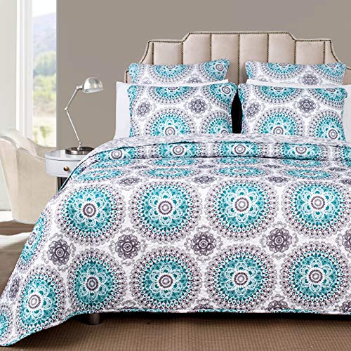 Book Cover DriftAway 3 Piece Bella Reversible Quilt Set Bedspreads Coverlets Medallion Floral Pattern Cover Prewashed Aqua Gray Queen