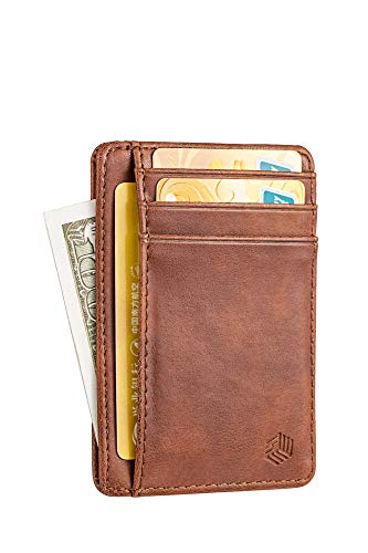 Book Cover BasicTek Slim Minimalist Front Pocket RFID Blocking Leather Wallet for Men & Women - Brown