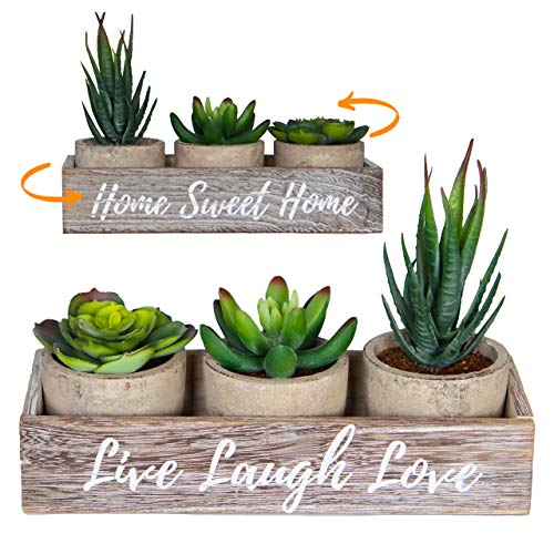 Book Cover 3 Artificial Succulent Plants with Pots with Rustic Planter Box â€“ Home Sweet Home & Live Laugh Love | Realistic Greenery Mini Faux Plant Arrangements For Home Decor Office Table Bathroom Kitchen Dorm