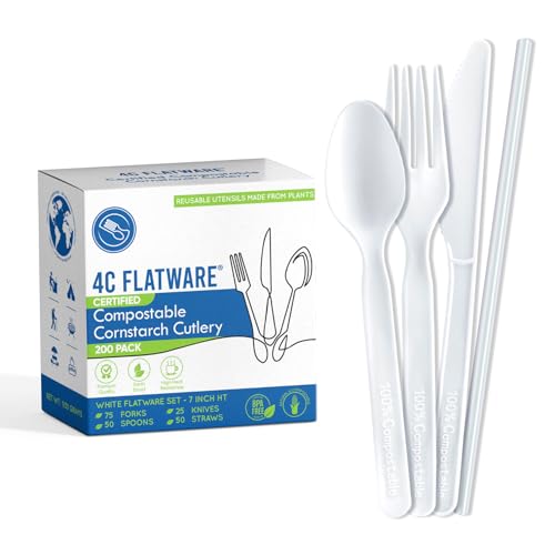 4C Flatware Compostable Cutlery Set - 200 PC Plant Based Utensils: [75-50-25-50] Compostable Forks Spoons Knives Straws, Non-Plastic Silverware To Go, Disposable Cutlery Combo