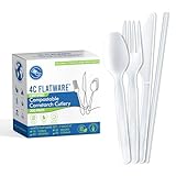 4C Flatware Compostable Cutlery Set - 200 PC Plant Based Utensils: [75-50-25-50] Compostable Forks Spoons Knives Straws, Non-Plastic Silverware To Go, Disposable Cutlery Combo