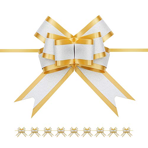 PACKHOME 10 Large Gift Bows, 6.5 inches Gold Pull Ribbons and Bows for Gifts, Gift Wrap Bows for Decorating Presents