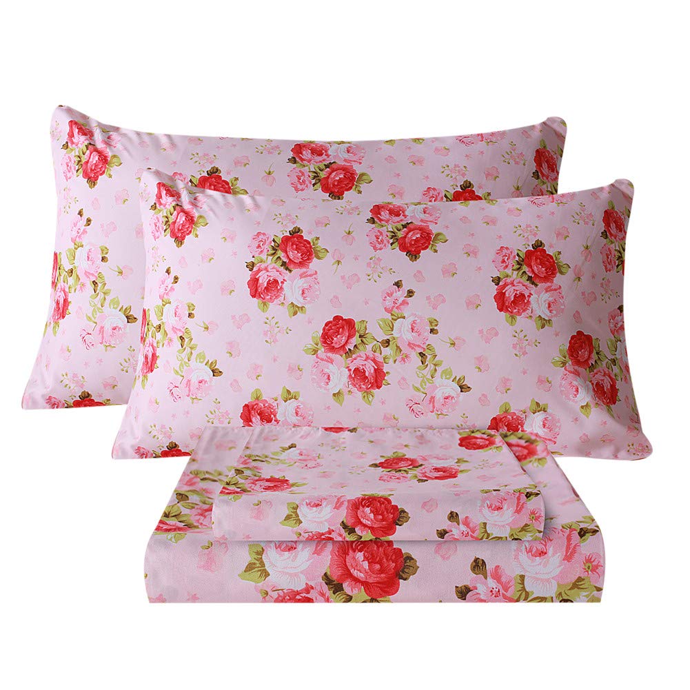 Bedlifes Queen Sheet Set Ultra Soft Breathable Silky Flower Bed Sheets Deep Pocket 100% Microfiber Bedding Sheets 4 Piece Queen Size Pink Floral(Red Rose) Queen Pink