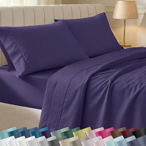 Royal Purple Sheets Queen Size - Real Cotton 400 Thread Count 4 Piece Bed Set, Wrinkle Resistant Sateen Bedding, Elasticized Deep Pocket Fits Low Profile Foam and Tall Mattresses