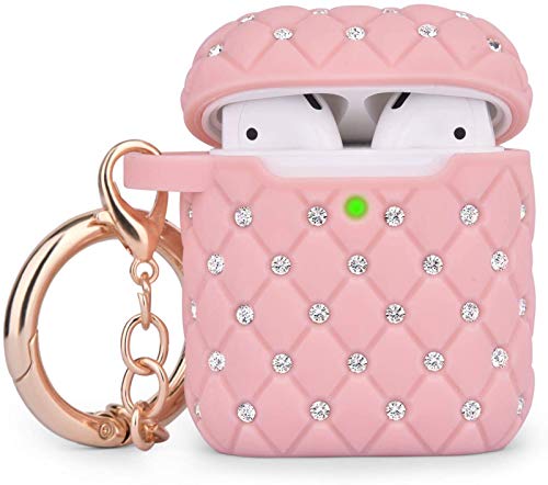 Book Cover CAGOS Compatible with Airpods Case, Bling Protective Hard TPU Cover Case Women Girls [Front LED Visible] with Shiny Crystal/Keychain for Apple Airpods 2/1 Charging Case (Pink)
