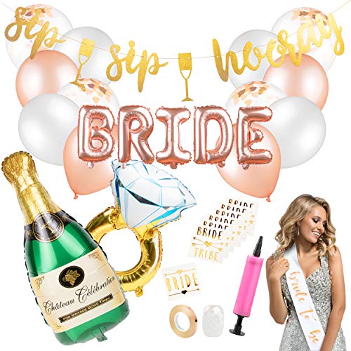 Bachelorette Party Decorations Kit- Bridal Shower Party Supplies & Engagement Party Decor - Bride to Be Sash, Gold Glitter Banner, Rose Gold Balloons, Bride Tribe Tattoos