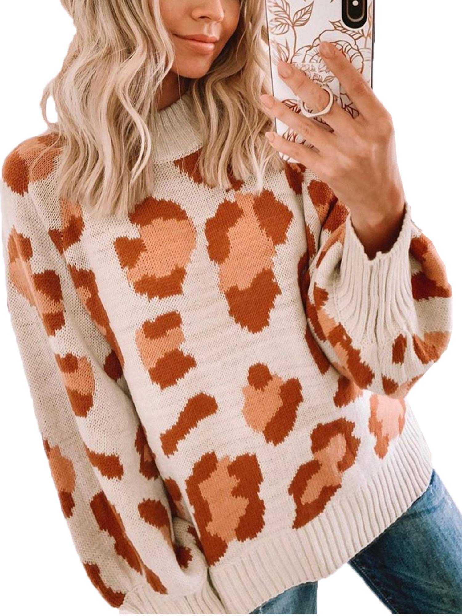 Book Cover Angashion Women's Sweaters Casual Oversized Leopard Printed Crew Neck Long Sleeve Knitted Pullover Tops for Winter Small Beige