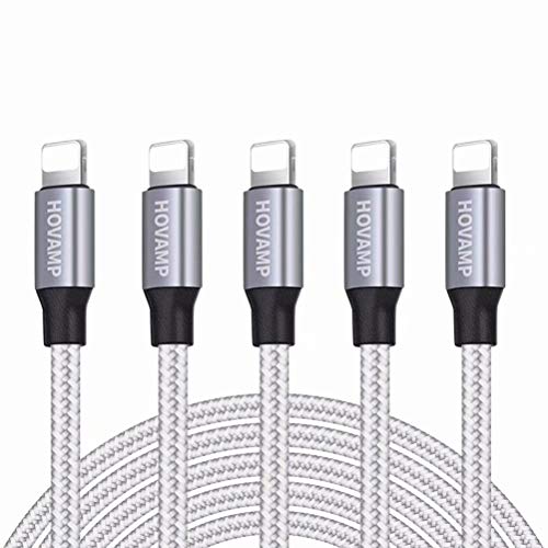 Book Cover HOVAMP iPhone Charger, MFi Certified Lightning Cable 5 Pack (3/3/6/6/10FT) Nylon Woven with Metal Connector Compatible iPhone 11/Pro/Xs Max/X/8/7/Plus/6S/6/SE/5S iPad - Silver&White