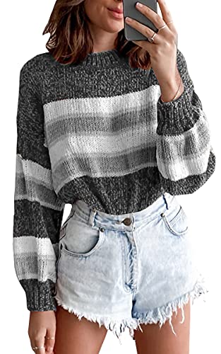 Book Cover ECOWISH Womens Knit Sweater Striped Stitching Pullover Long Sleeve Scoop Neck Top Color Block Sweaters