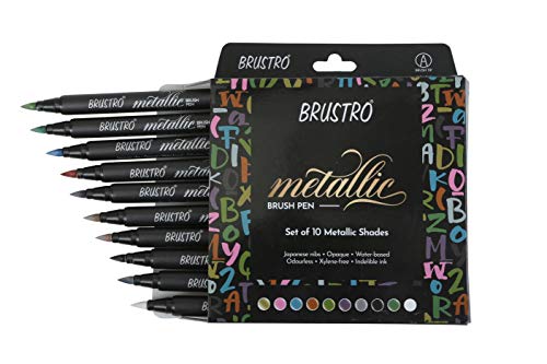 BRUSTRO Metallic Brush Pens - Soft Brush Tip For Calligraphy, Hand Lettering, Colouring, Scrapbooking, Card Making - Set Of 10 Colors. Set Of 10