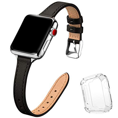 Book Cover STIROLL Slim Leather Bands Compatible with Apple Watch Band 38mm 40mm 42mm 44mm, Top Grain Leather Watch Thin Wristband for iWatch Series 5/4/3/2/1 (Black with Silver, 38mm/40mm)