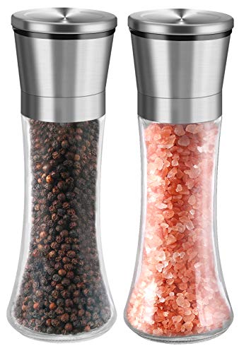 Salt and Pepper Grinder Sets, Refillable Himalayan Salt Grinder with Stainless Steel Lid, Glass Bottle Pepper Mill Combo Adjustable Ceramic Grinder Pepper Shakers, Set of 2