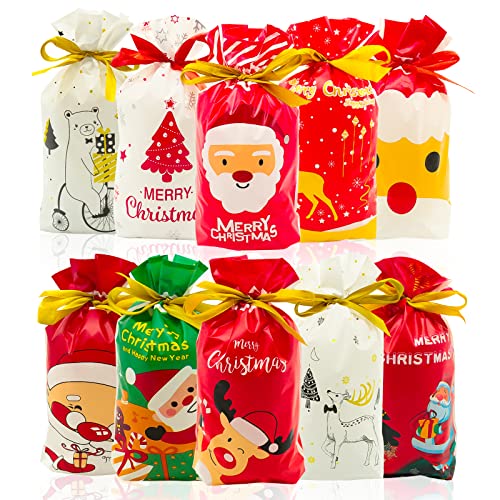 Book Cover Senbos 50 PCS Christmas Candy Bags, Christmas Treat Bags Candy Goodies Plastic Drawstring Gift Bags for Birthday Party Snack Wrapping Wedding Gift Party Favor Xmas