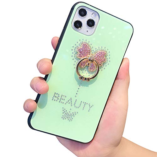 Lozeguyc Cute Rhinestone Cover Luxury Fashion Stylish Bling Hard Hybrid Case with Diamond Ring Stand for Girls Women-Green