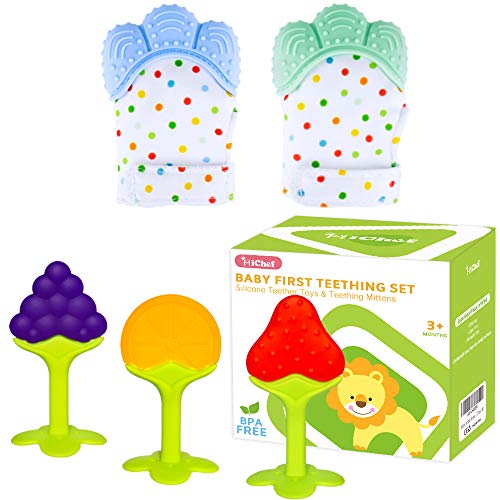 Book Cover Teething Mittens for Baby (2 Pack) with Baby Teething Toys (3 Pack), Self Soothing Pain Relief Mitt, Silicone Baby Teethers, BPA-Free, Natural Organic Freezer Safe for Infants and Toddlers