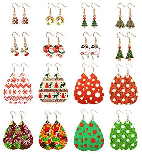 Book Cover LOYALLOOK 16 Pairs Christmas Leather Earrings Leather Teardrop Dangle Earrings Cute Christmas Gifts Holiday Stud Earring Floral Print Christmas Drop Earrings