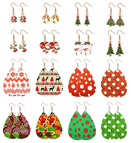 LOYALLOOK 16 Pairs Christmas Leather Earrings Leather Teardrop Dangle Earrings Cute Christmas Gifts Holiday Stud Earring Floral Print Christmas Drop Earrings