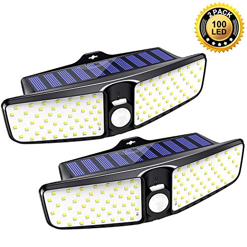 Vproof Solar Lights Outdoor, [2 Pack] 100 LEDs Solar Motion Sensor Light Outdoor with 220° Wide Angle, IP65 Waterproof Deck Lights, Security Night Wall Light for Outside, Garage, Yard, Fence, Pathway