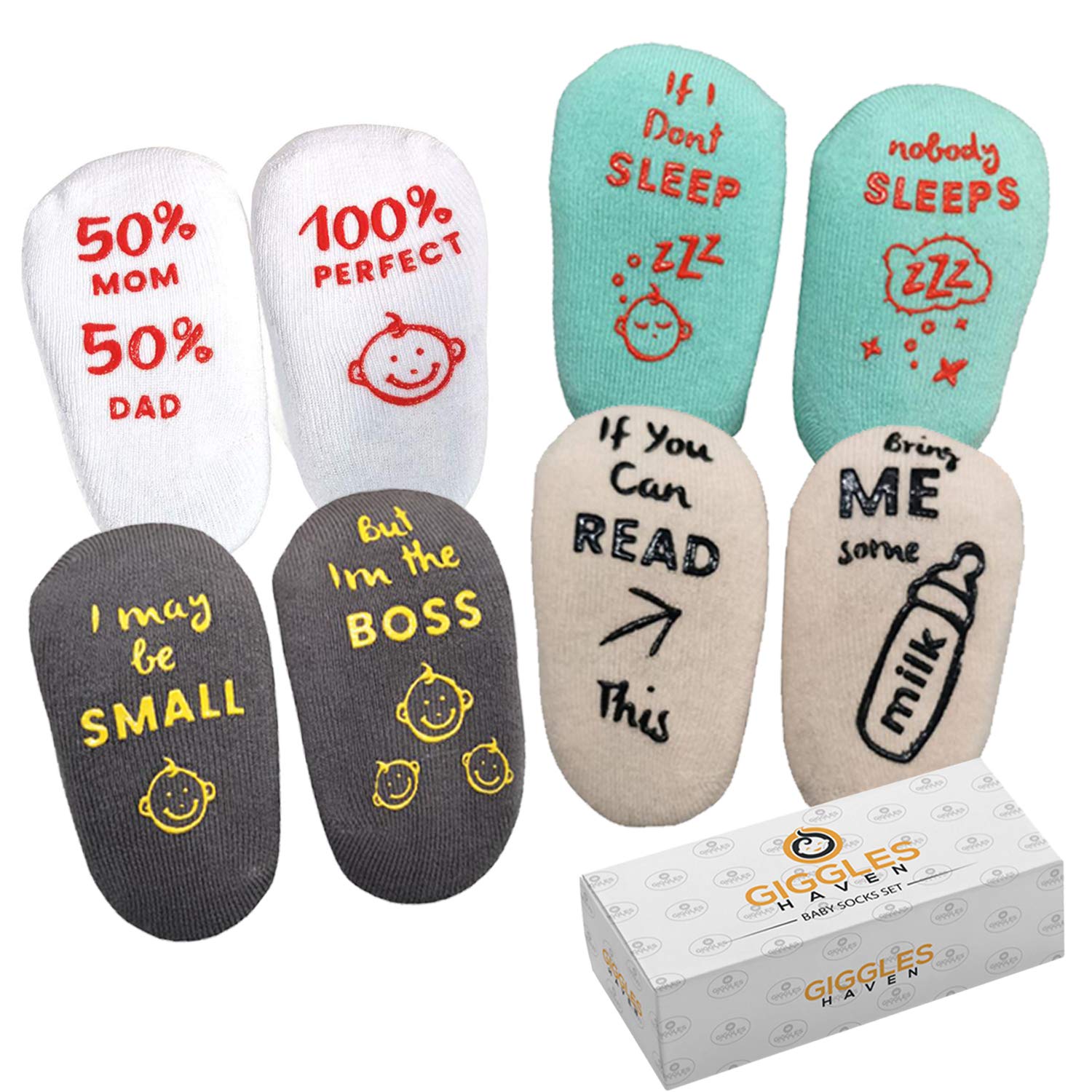 Book Cover Baby Socks 4-Pair Gift Set - Infant Essentials with Funny Sayings - Non-Skid Gripper Socks to Prevent Slip or Fall - Safety and Comfort Design - For 6-24 Months Girls or Boys