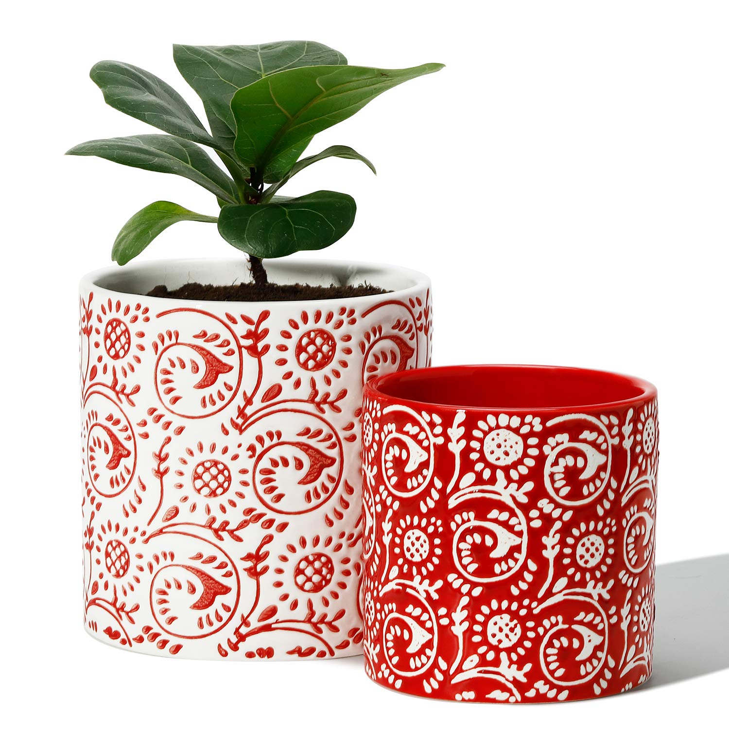 Book Cover POTEY Red Planters Pots for Plants Indoor - 5.9 +4.7 Inch Modern Ceramic Cylinder Flower Pots with Drainage Holes for Christmas Home Decor 051801, Set of 2, Plants Not Included