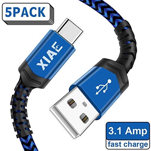 Book Cover USB C Cable,XIAE 5Pack (3/3/6/6/10FT) USB-A to Type C Nylon Braided Fast Charging Cable Aluminum Housing Compatible with Samsung Galaxy S10 S9 Note 9 8 S8 Plus,LG V30 V20 G6,Huawei P30/P20-Navy&Blue