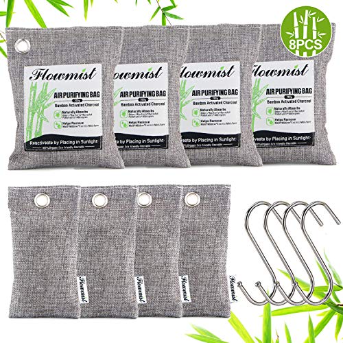 Air Purifying Bags 8 Pack (200g x 4,50g x 4) & 4 Hooks,Activated Bamboo Charcoal Odor Absorber,Natural Air Freshener Moisture Eliminator Deodorizer for Home,Car,Pets,Closet,Bathroom,Shoes,Gym Bag