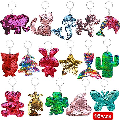 Book Cover Balhvit Two Sides Flip Sequin Keychain for Kids, Colorful Lovely Girls Party Favors Cat Dolphin Clover etc, Durable Party Favors for Kids Girls Adults Decoration Prize Gifts, 16 Designs