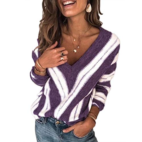 Declare Women V-Neck Knit Sweater Casual Long Sleeve Striped Loose Pullover Pullovers