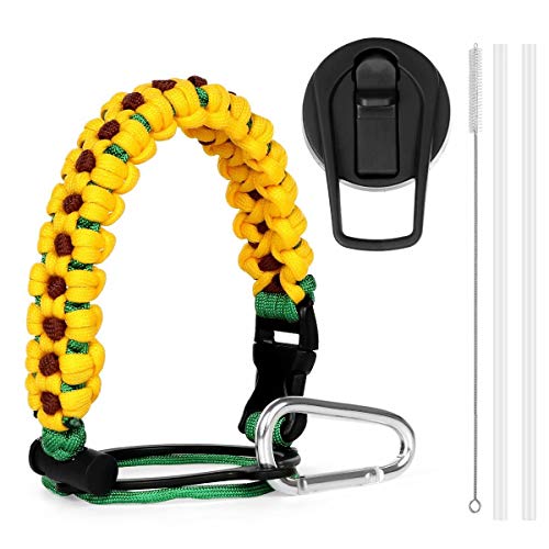 Paracord Handle and Straw Lid for Hydro Flask Wide Mouth Bottles 12oz - 64 oz,Cleaning Brush and Two Long Straws Included,Best Value Water Bottle Accessories Set