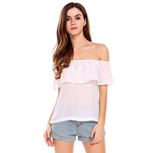 Book Cover FineFolk Women's Off Shoulder Pleated Solid Casual Blouse Loose Tops Pure White