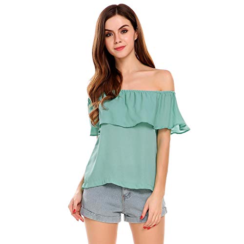 Book Cover FineFolk Women's Off Shoulder Pleated Solid Casual Blouse Loose Tops Green